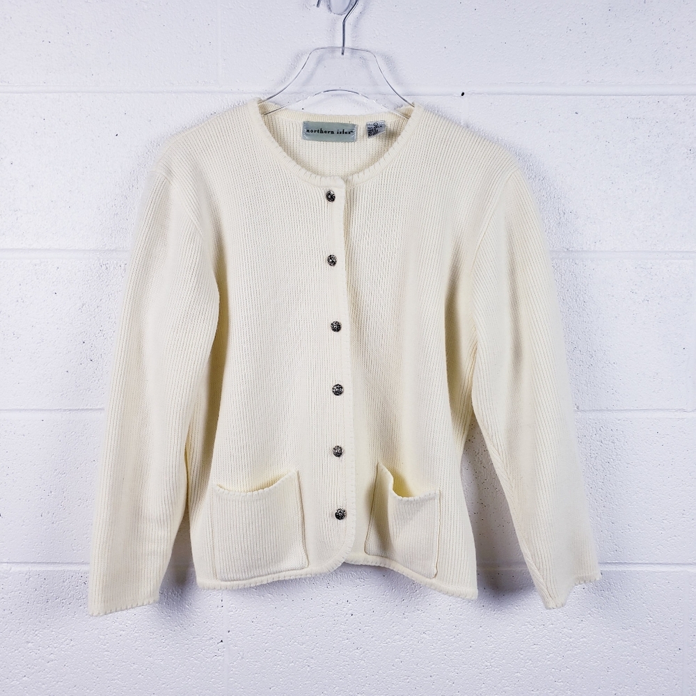 Vintage Northern Isles Knit Cardigan Sweater Metal Buttons Front Pockets Size‎ L
